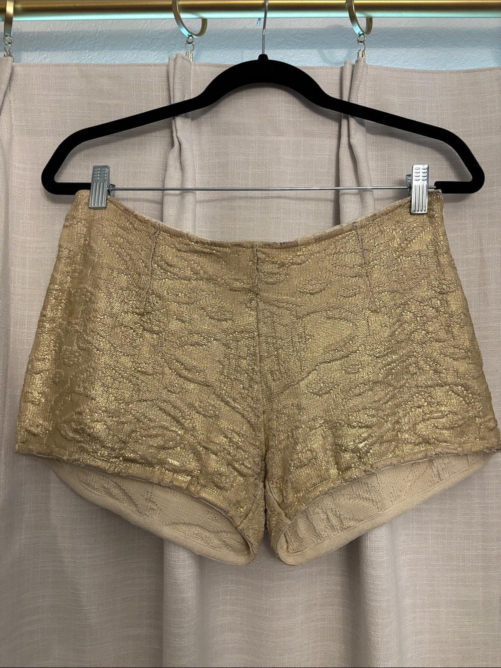 Cecilia Prado Designer Gold Textured High-Waist Shorts, Size Small
